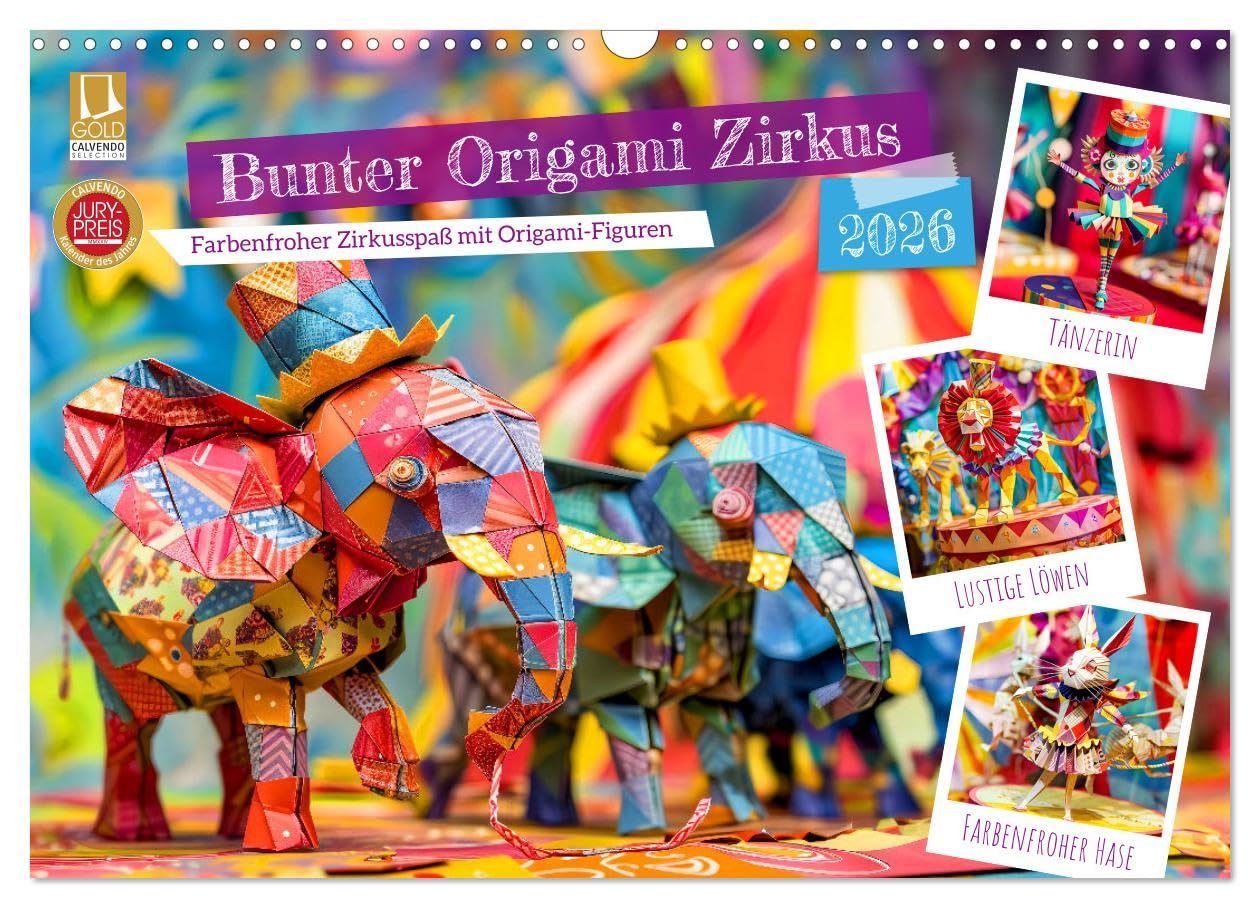 Colorful Origami Circus - Colorful circus fun with origami figures UK-Version (Wall Calendar 2026 DIN A3 Landscape), CALVENDO 12 Month Wall Calendar โ image 1