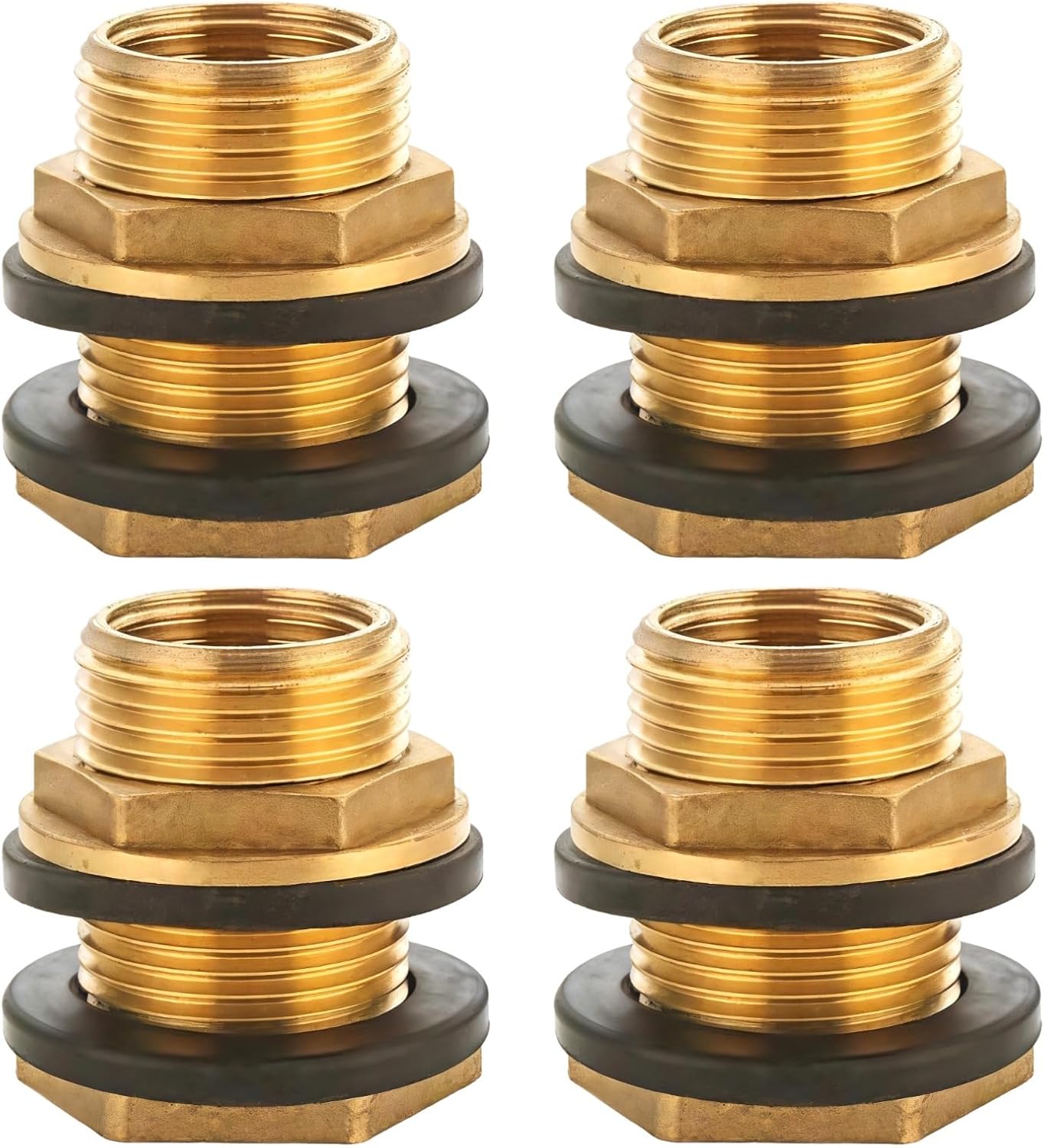 4 Pcs Brass Bulkhead Fittings, 1/2" Inner Thread 3/4" Outer Thread, Long-Lasting Copper Material, Garden Hose Fittings with Rubber Washers, Leak-proof, Easy Installation