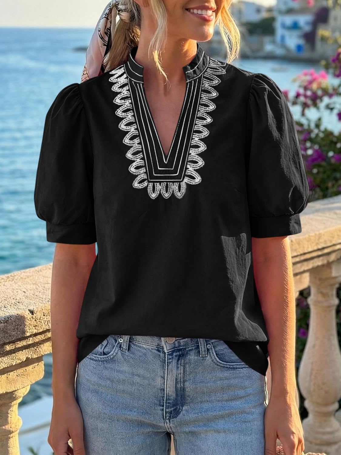 Cicy Bell Womens Puff Short Sleeve Blouses Summer Casual Dressy Embroidered V Neck Tops Loose Fit Tee Shirts - Image 2