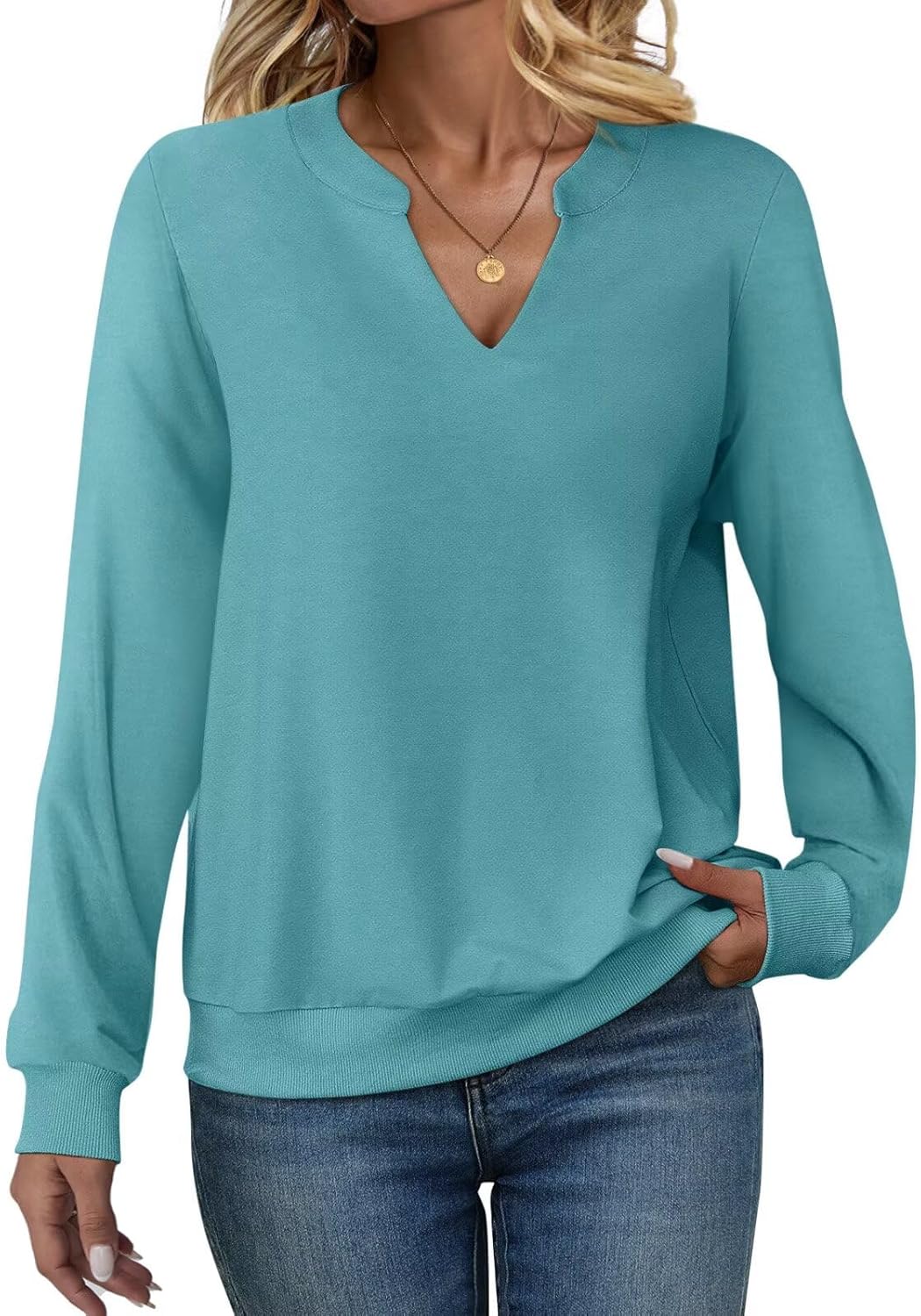 EADINVE Womens Casual Long Sleeve V Neck Sweatshirts Cute Loose Fit Lightweight Pullover Fall Clothes Tunic Tops