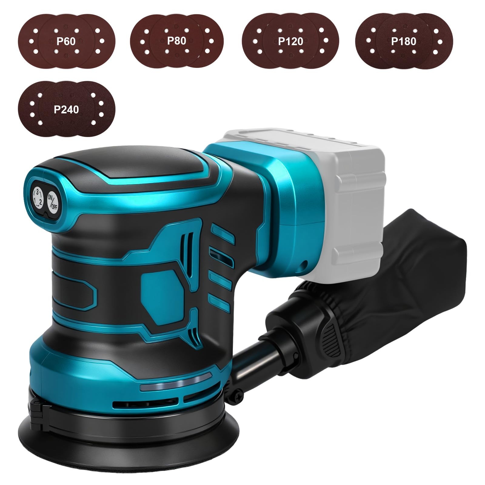 Akku-Exzenterschleifer, 125 mm Professional Exzenterschleifer für Makita 18V Akku, Bürstenloser Motor,19000rpm Akkuschleifer Schleifgerät 6 Leistungsstufe mit 15PCS Schleifpapier(ohne Akku)