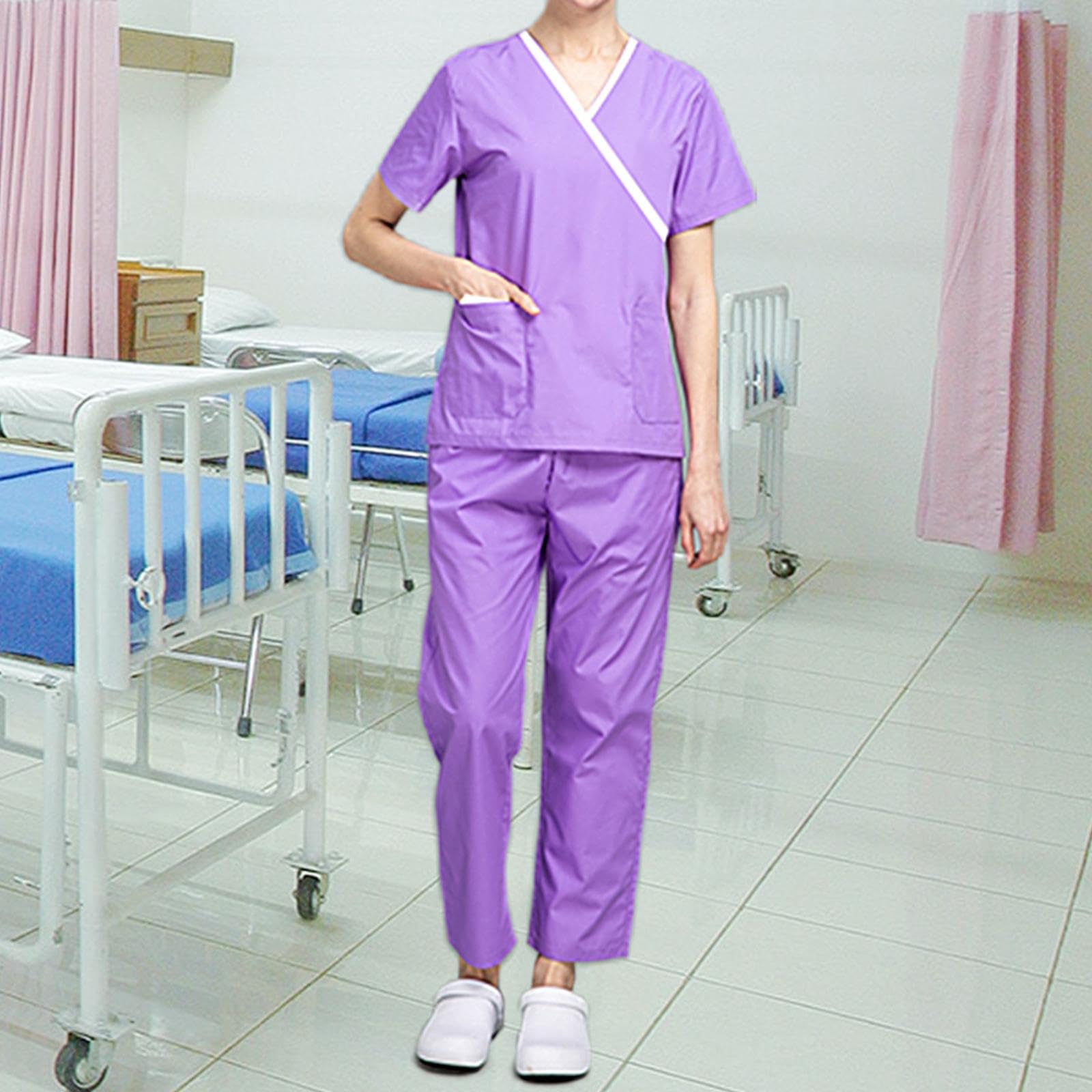 Damen Kasack Set, Bestehend Aus Oberteil Und Hose, Arbeitskleidung für Den Sommer, Kurzarm, Pflegeuniform für Damen, Geeignet für Spa, Tierhandlung, H, Lila, XL