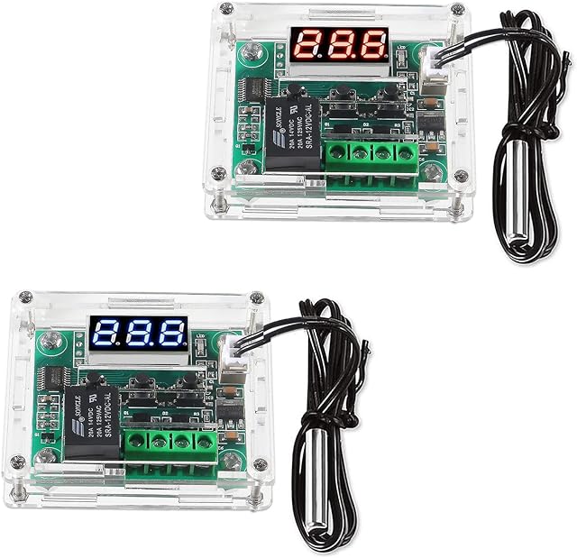 AEDIKO 2pcs W1209 Temperature Controller Module DC12V Digital Display Thermostat Electronic Thermometer with 10A One-Channel Relay and Waterproof Sensor Prob (Red + Blue)