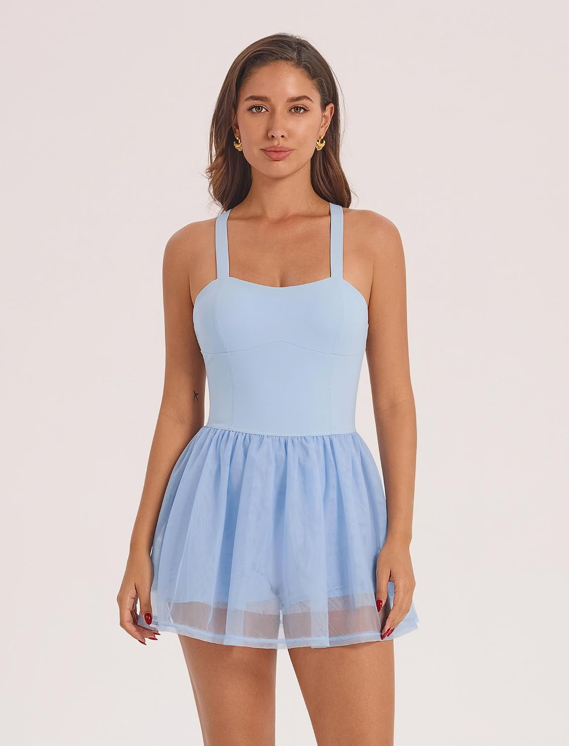 ABOCIW Womns Mesh Hem Tennis Dress Built in Bra and Shorts Cross Back Workout Golf Athletic Dress with Pocket