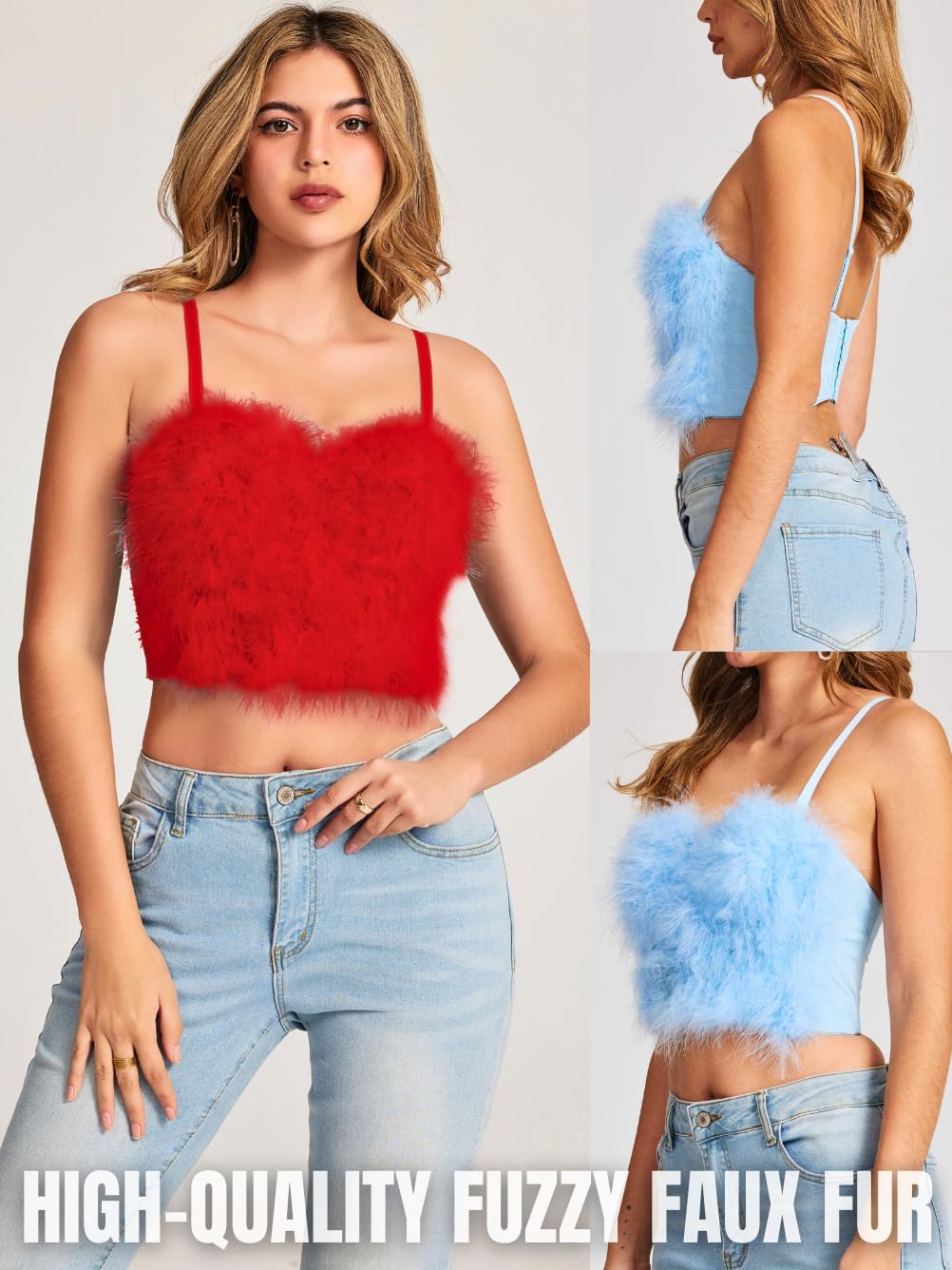 Kaei&Shi Sexy Feather Corset Crop Top,Faux Fur Push Up Bustier Tops,Birthday Party Ourfits Christmas