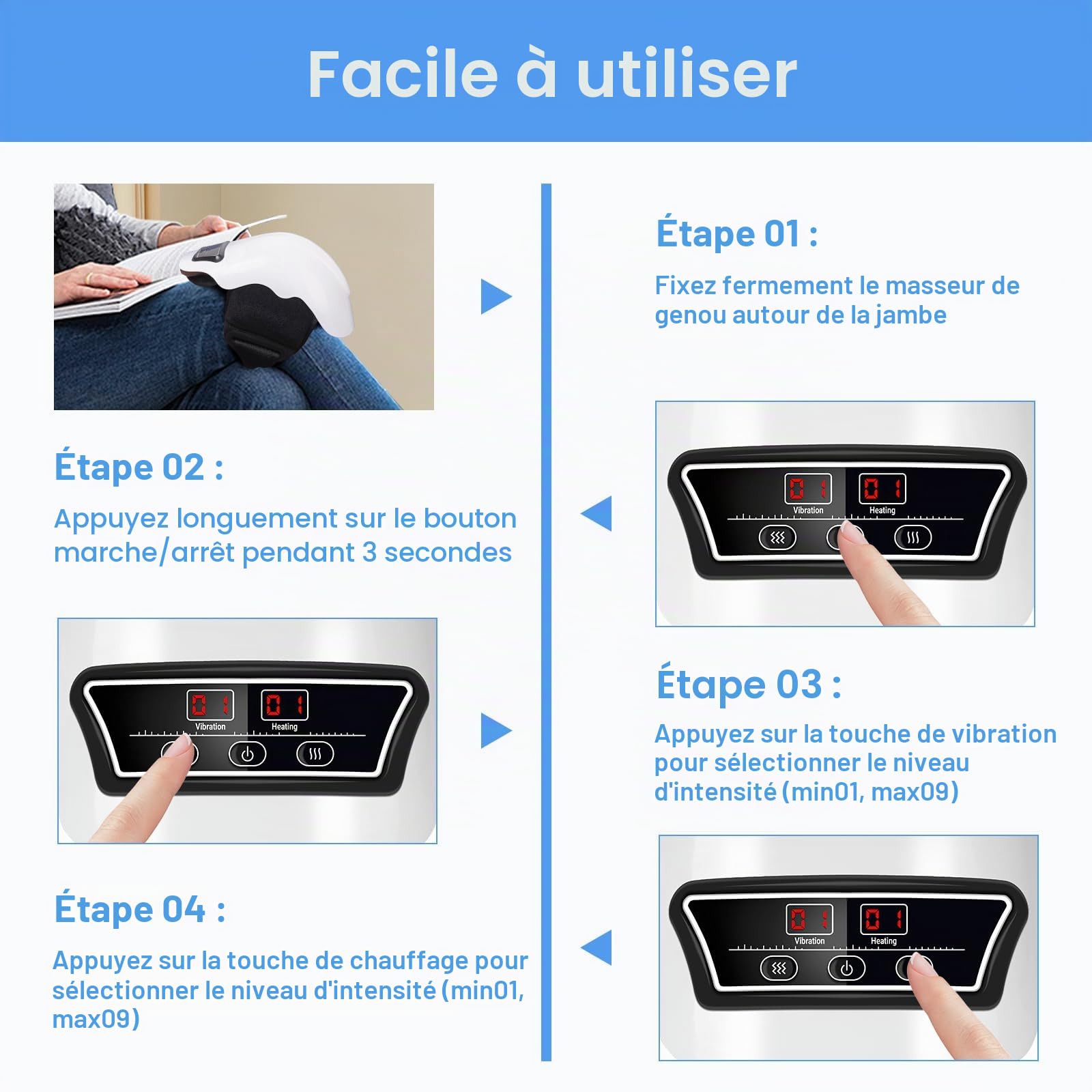 BIBIRE Masseur de Genou Sans Fil, Masseur du Genou avec 9 Chauffage et Vibration par Infrarouge, pour l'Arthrite, Gonflement, Tension, Étirement Ligamentaire, Blessure Musculaire