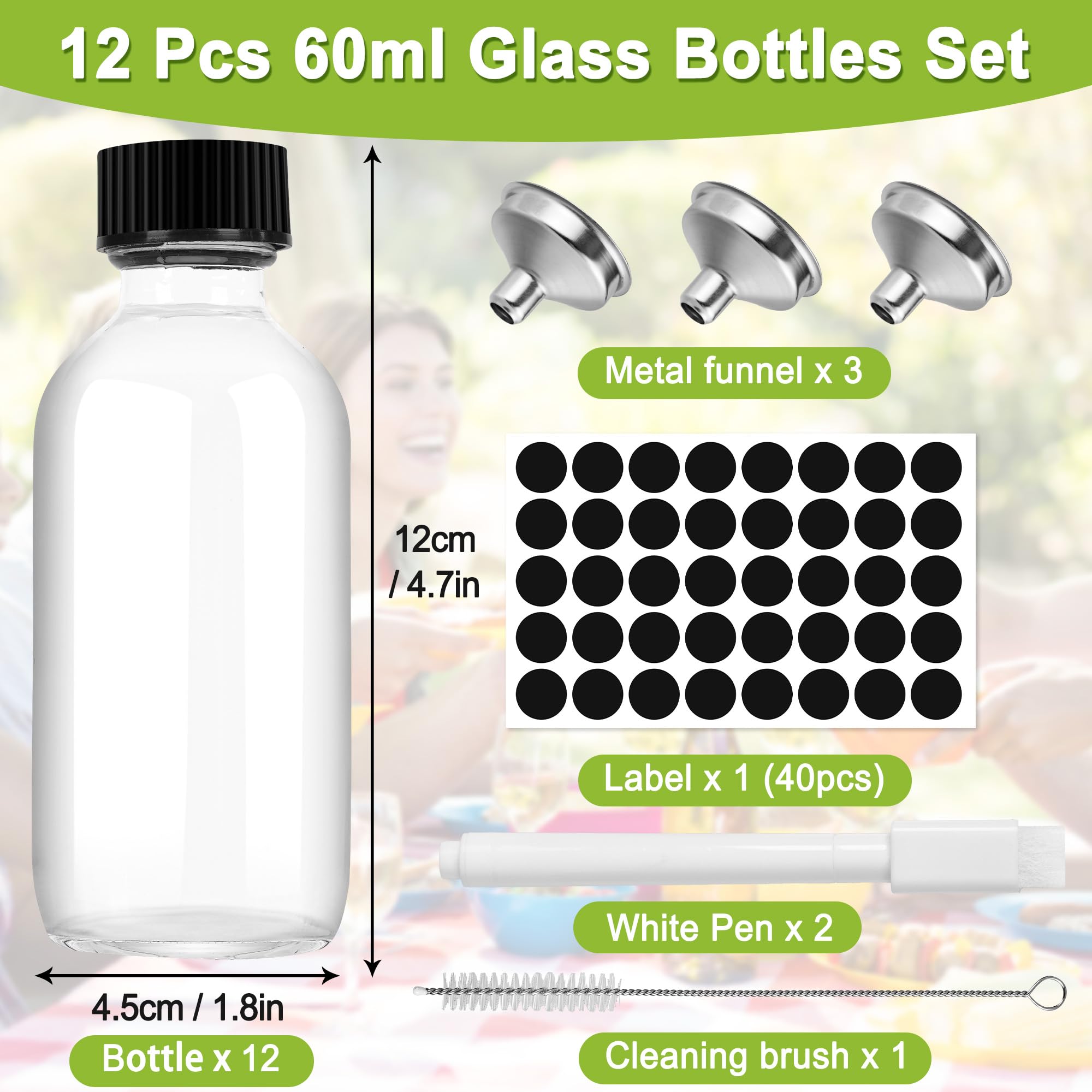Gucass Zestaw 12 szklanych butelek o pojemności 60 ml (2 uncje), mini butelek na alkohol, do wielokrotnego użytku, przezroczyste butelki z zakrętkami i lejkiem, mini pojemników na sok z imbiru, strzał