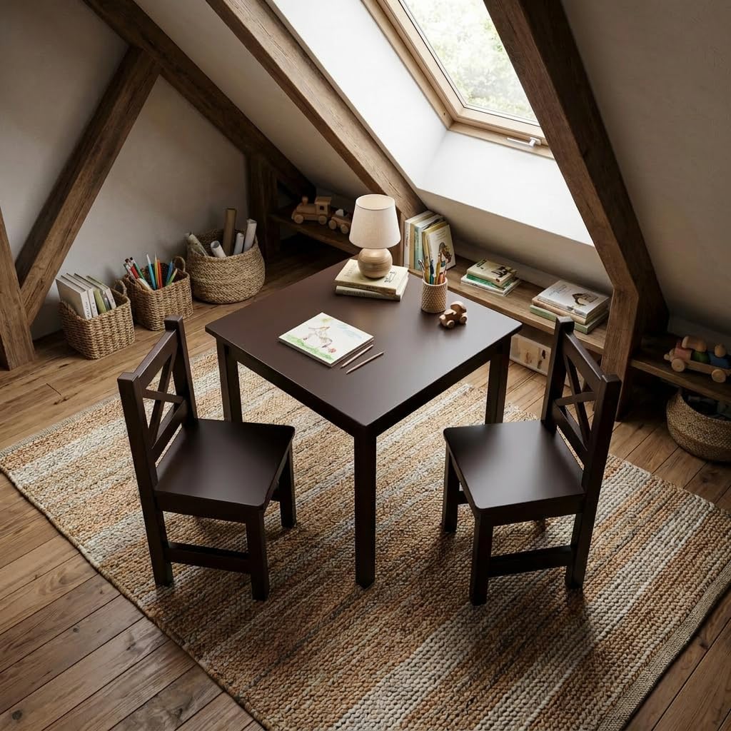 PETIT BATEAU Solid Wood Toddler Kids Table and 2 Chairs Set,Modern Wooden Furniture with Irish Designer for 2-8 Years,DarkWalnut