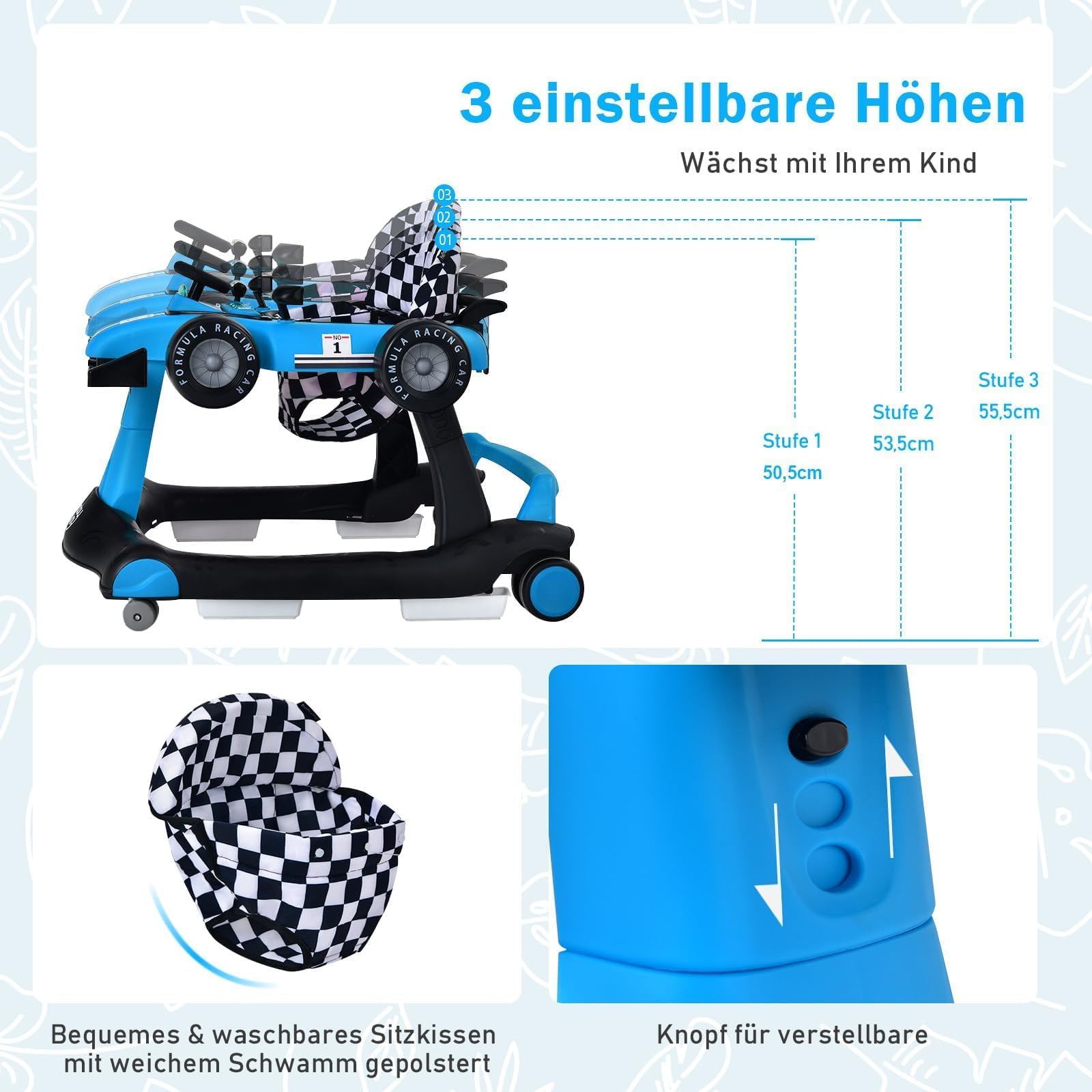 COSTWAY 4 in 1 Lauflernhilfe, Lauflernwagen klappbar mit einstellbarer Höhe & Geschwindigkeit, Baby Walker Autoförmig mit Musikbox, Licht & Rädern, Gehfrei Baby ab 6 Monaten, 12kg Belastbar (Blau)