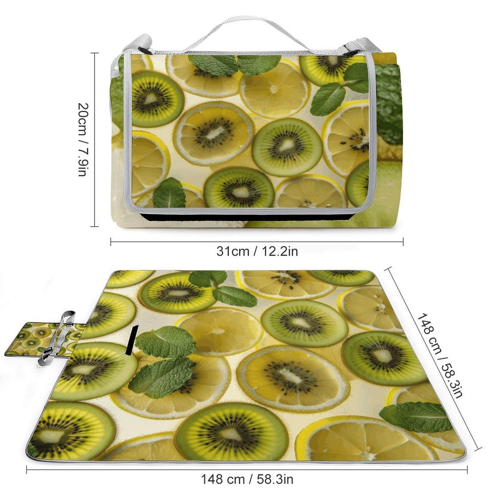 Tappetino pieghevole per esterni con fette di limone e kiwi, superficie impermeabile, facile da pulire, coperta da viaggio, per campeggio primaverile ed estivo