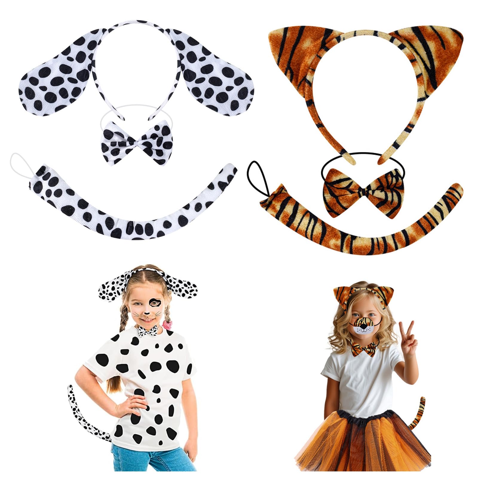 YONEEKSS 2 Sets Animal Costume Accessories for Kids Adults, Dalmatian and Tiger Costume Hair Bands Ear and Tail Bowtie, Dalmatian Tiger and Spotty Dog Headdress for Animal Cosplay Party