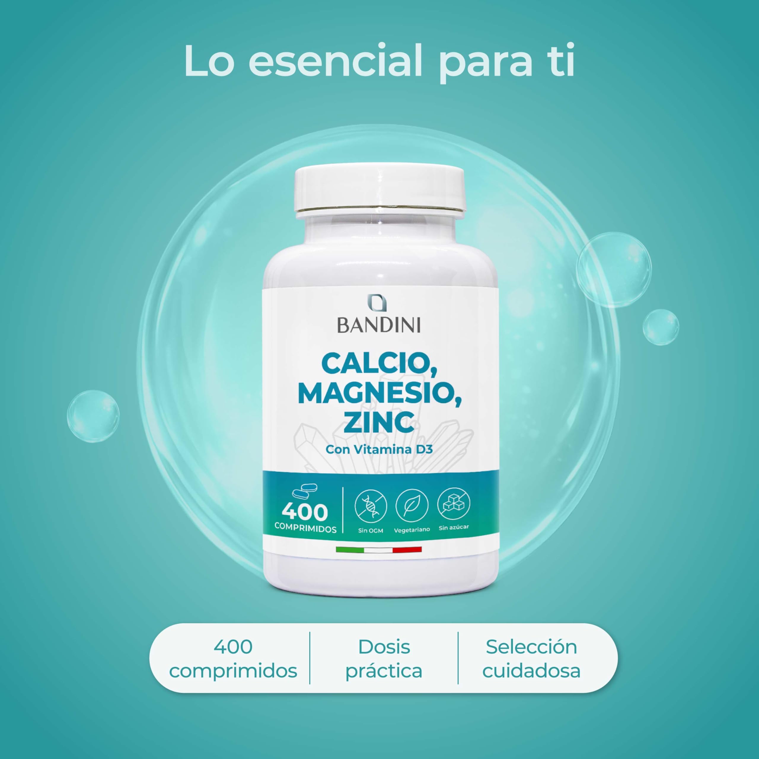 Bandini® Calcio, Magnesio, Zinc + Vitamina D3 y K2 MK7 | 400 Tabletas de Alta Potencia | Con Cobre, Selenio, Manganeso y Boro | Complejo de Vitaminas y Minerales | Huesos, Función muscular y Inmunidad