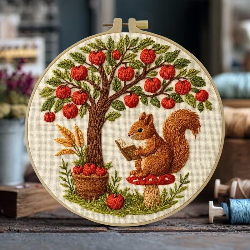 Image of Huacan Beginner Embroidery Kit for Adults, Easy to Learn Squirrel Embroidery Patterns Instruction, Needlepoint Kits for Adults Include Embroidery Hoop, Colorful Threads, Tools