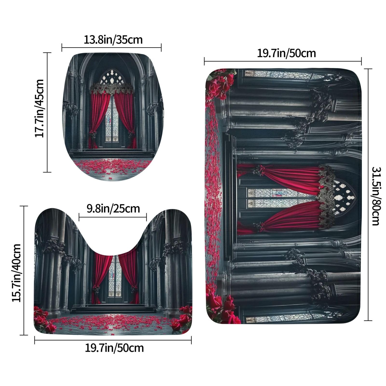 Set di 3 tappeti da bagno scuri per auditorium, morbidi e assorbenti, in memory foam e a forma di U, decorazione per la casa, ad asciugatura rapida