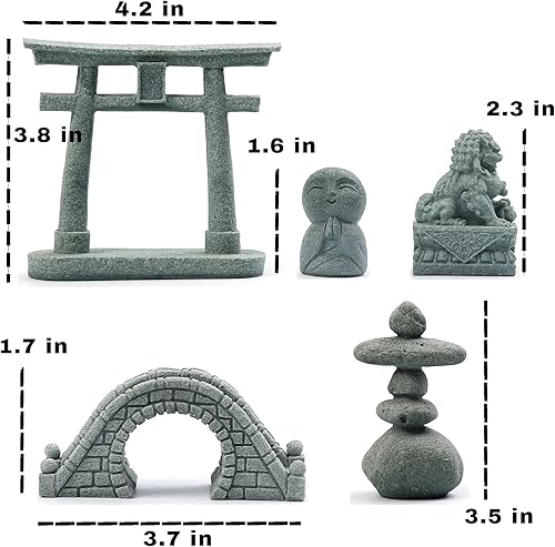 Miniatura 2 de 6 piezas de mini accesorios de jardín zen, puente de jardín en miniatura Foo Dogs Torii Gate, figuras de piedra arenisca meditación, decoración zen,