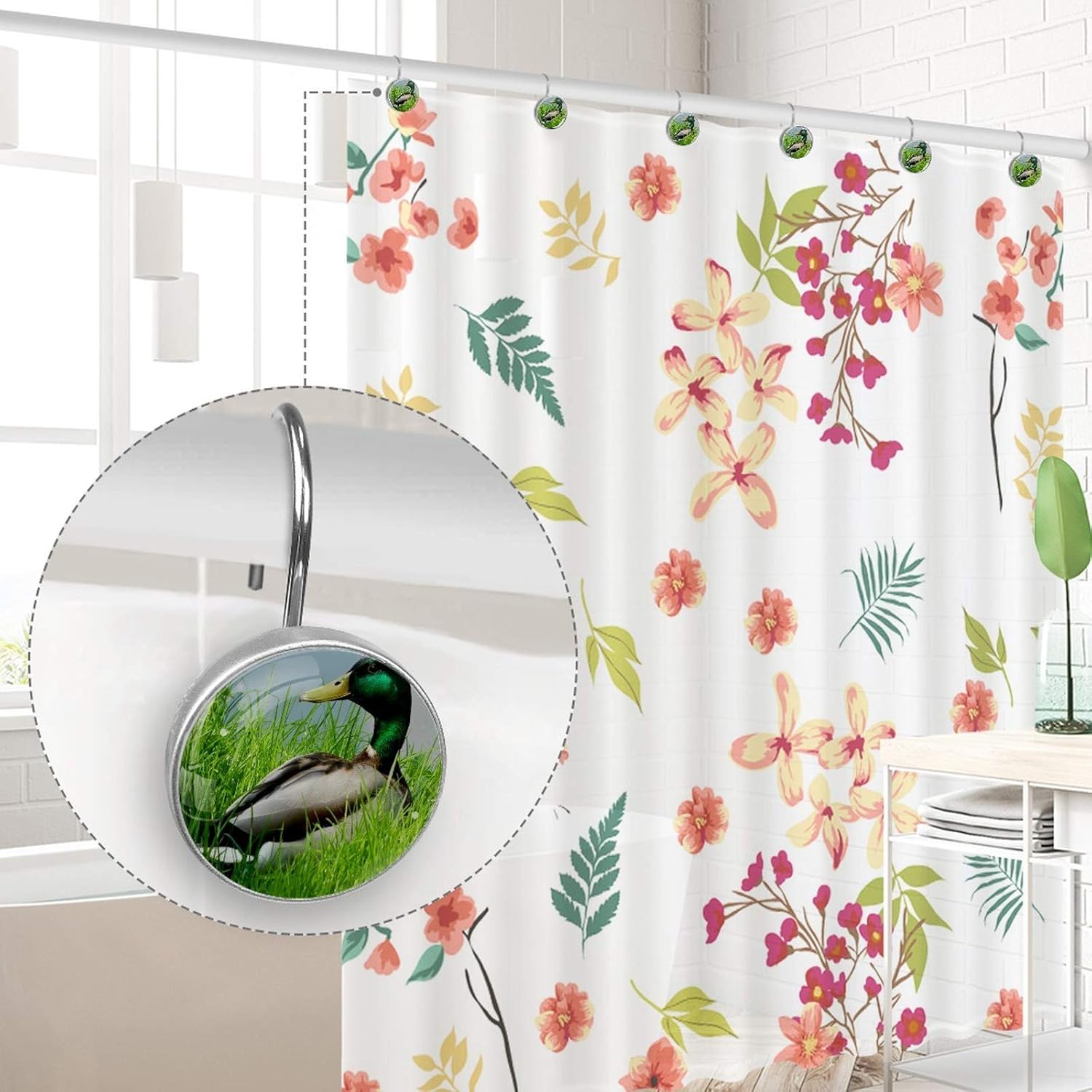 Ducks Animal Shower Curtain Hooks Stainless Steel Decorative Shower Curtain Rings for Bathroom Rust Proof 12 Pack Crystal Glass