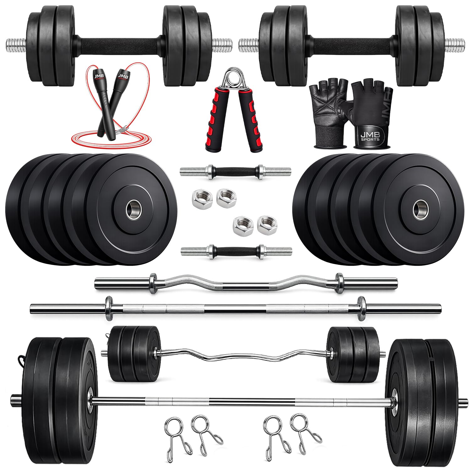 JMB Rubber Home Gym Set with 3Ft Curl Bar, 5Ft Straight Barbell Rod, Dumbbell Rods & Rubber Coated Plates Combo – Adjustable Strength Training Equipment Kit (50kg)-image-14