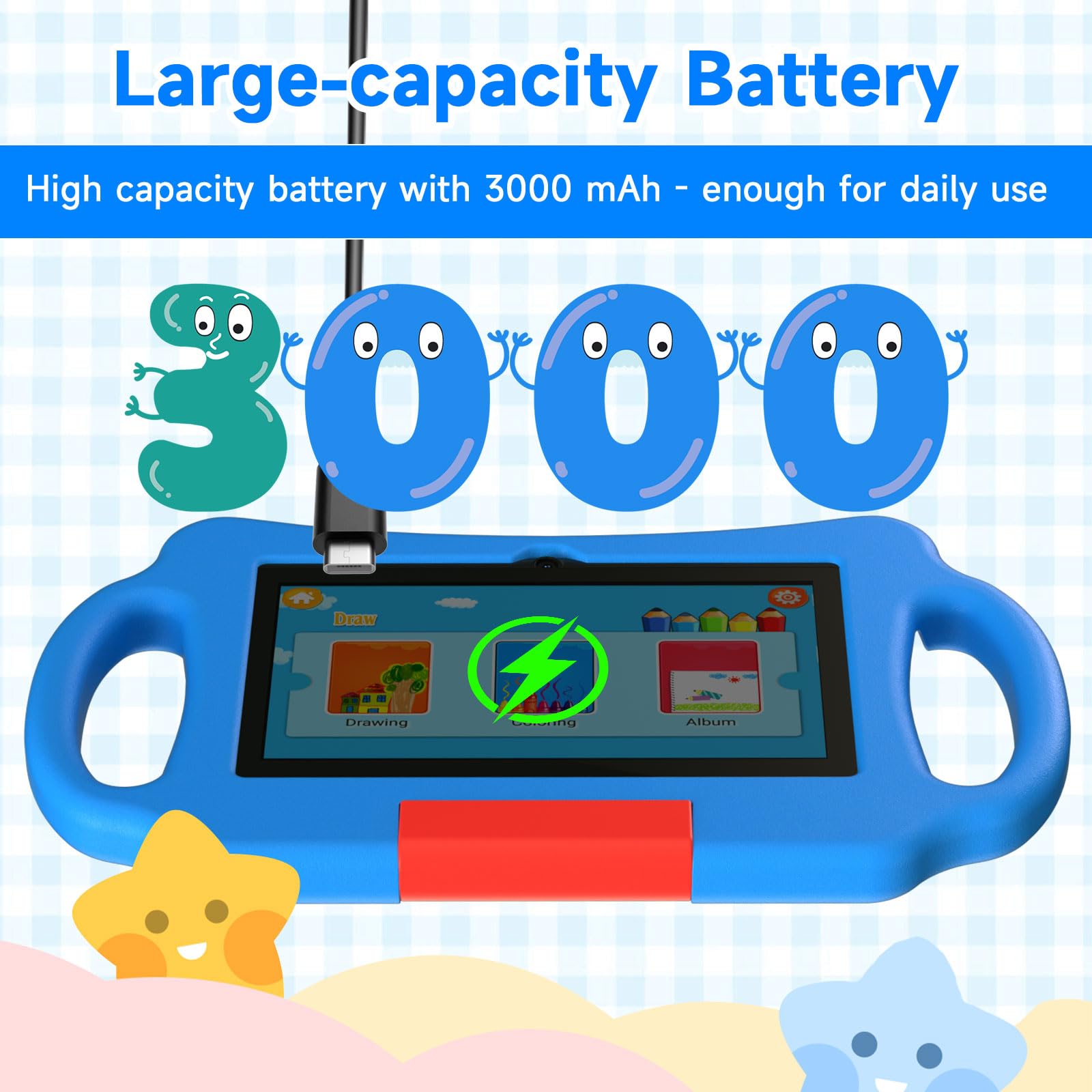 Vyrolina Tablet PC per bambini da 7 pollici Android 12.0 per bambini, 4 GB di RAM 32 GB ROM Bluetooth IPS Schermo Parental Control Iwawa APP Custodia antiurto per giochi educativi (blu)