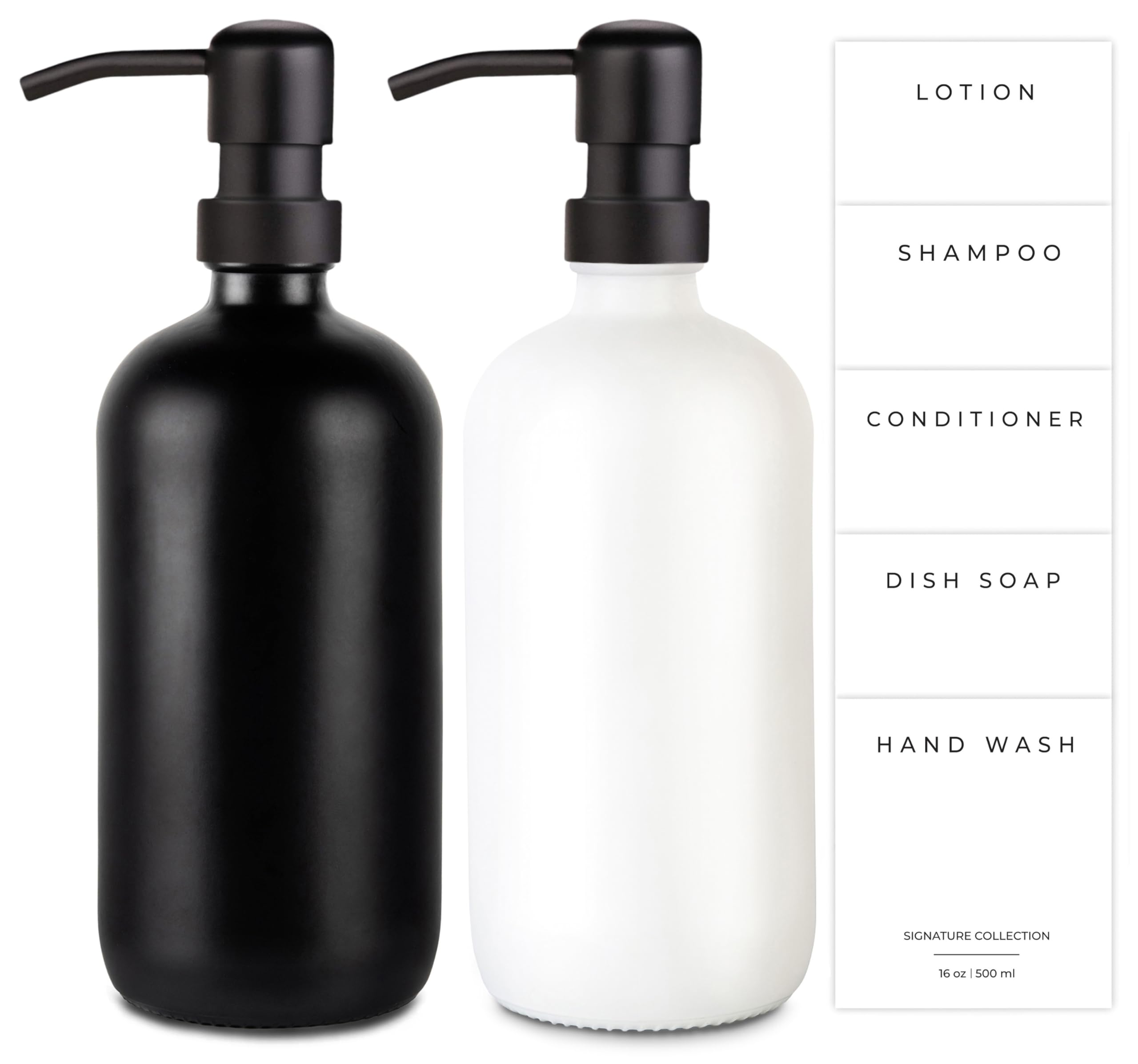 Emerson Essentials Dispenser per sapone in vetro, confezione da 2, pompe in acciaio inox antiruggine, set manuale per bagno e cucina, con barattoli di lozione ricaricabili per liquidi, 473 ml, 4