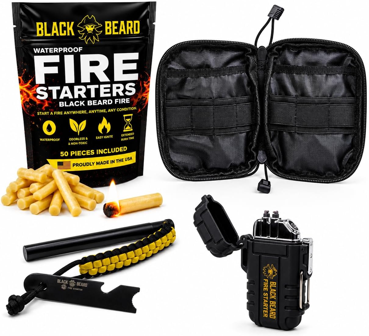 Black Beard Fire Plug Kit - 50 Waterproof Fire Plugs, Arc Lighter, Ferro Rod and Organizer Case for Camping, Backpacking and Emergency Survival