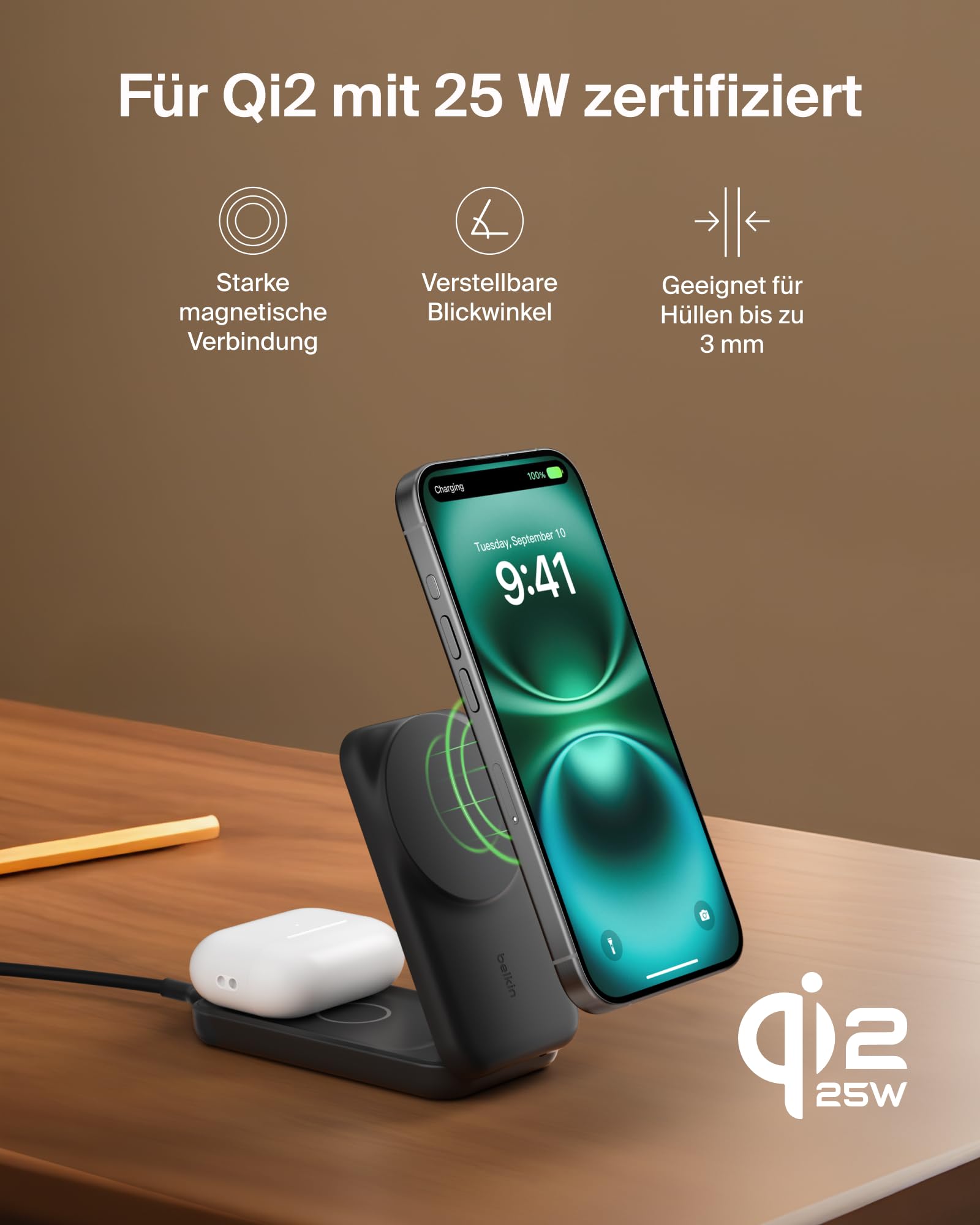 Belkin UltraCharge Qi 2.2 Ladestation 2 in 1, 25W, Ladegerät MagSafe Kompatibel, Induktive Ladestation für iPhone 17, iPhone Air, AirPods, Pixelsnap, mit USB-C-Anschluss, 45-W-Adapter – Schwarz