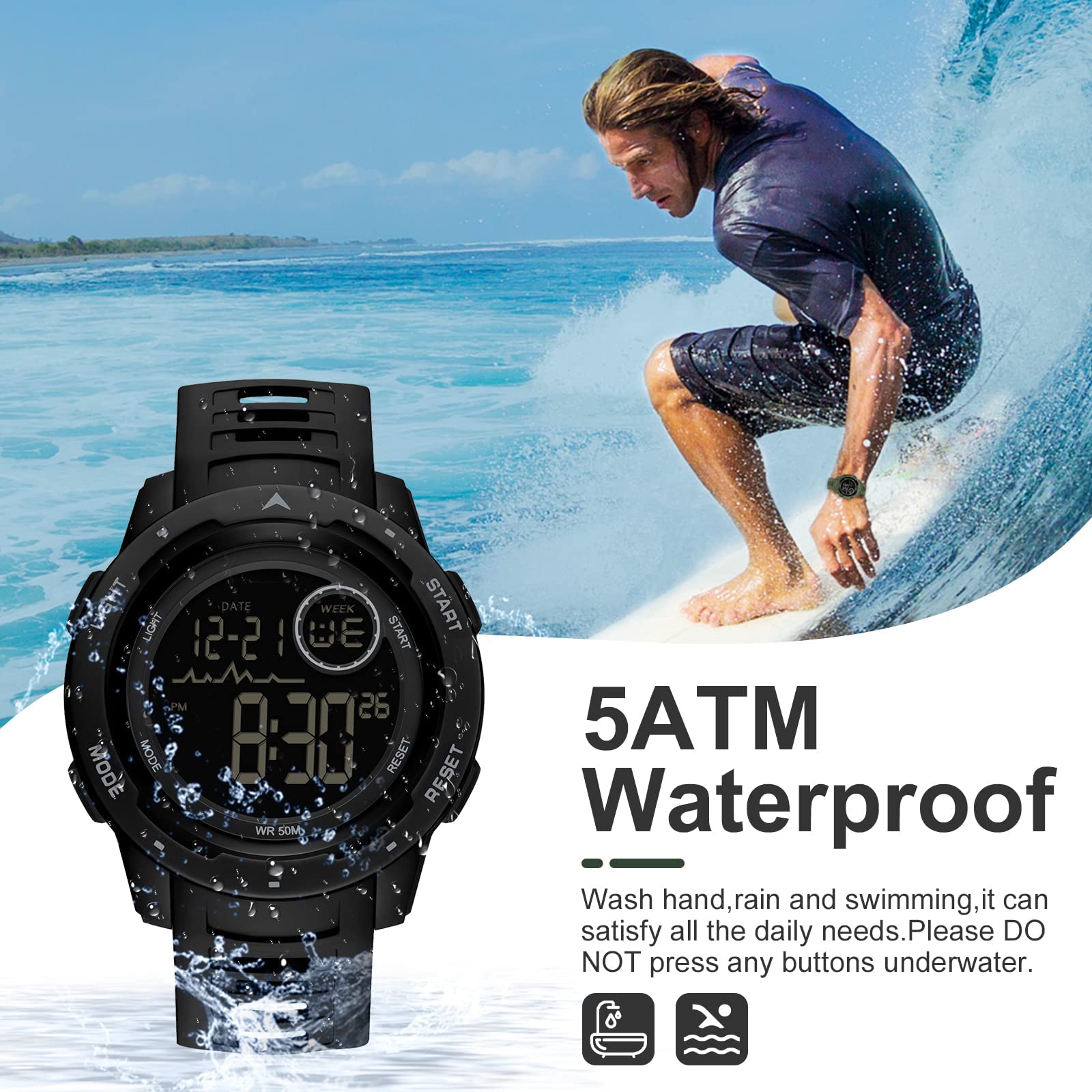 Relojes de hombre digital militar deportivo 50 m, resistente al agua, reloj digital con despertador, fecha, reloj digital LED, cronómetro, 12/24 horas, reloj táctico para hombres y niños al aire