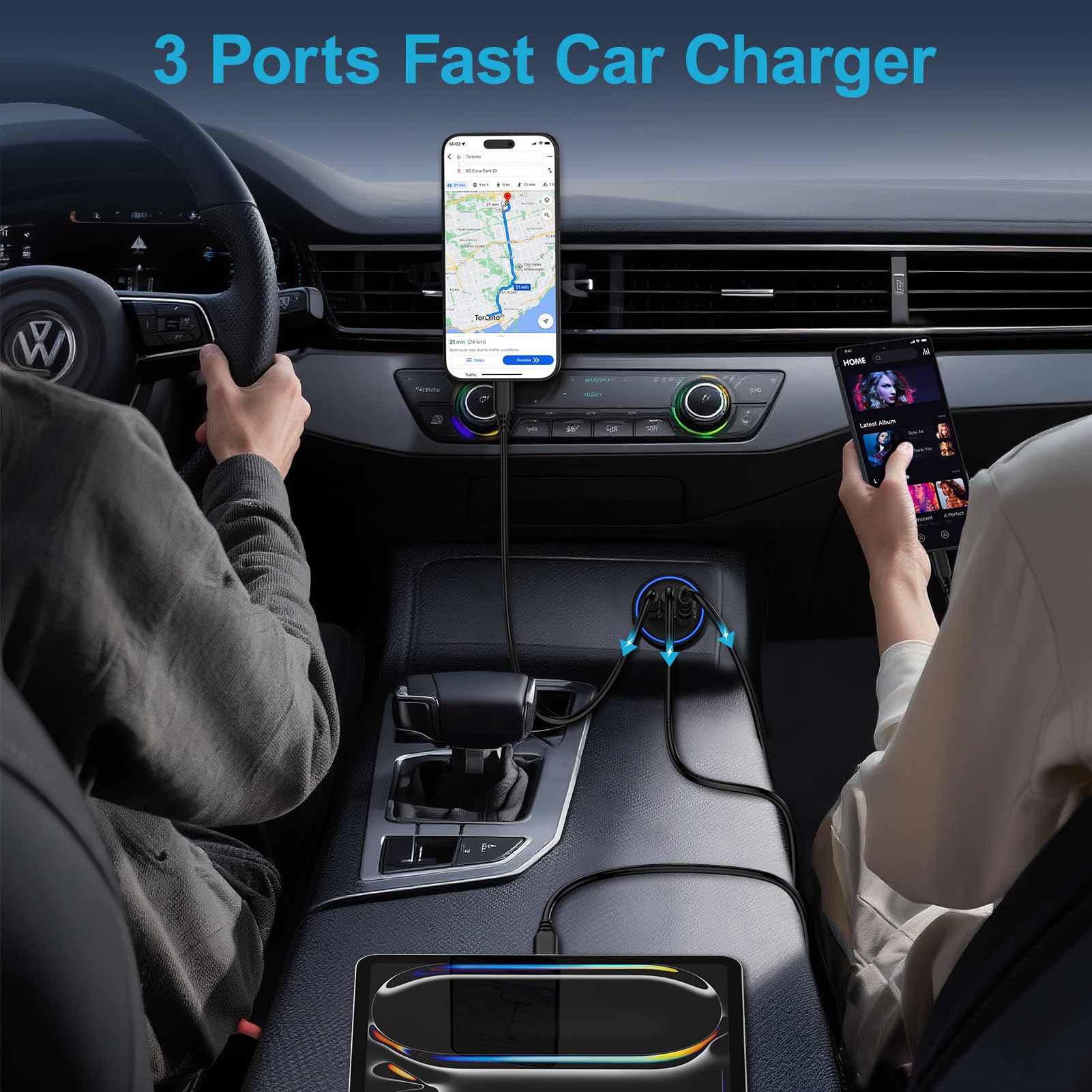 Adaptador de cargador de coche rápido de 3 puertos de 12 V, enchufe de vehículo - USB C y USB A de carga rápida - Cargador de coche para iPhone 17 Pro Max Air 17e 16e 16 15, Samsung S26