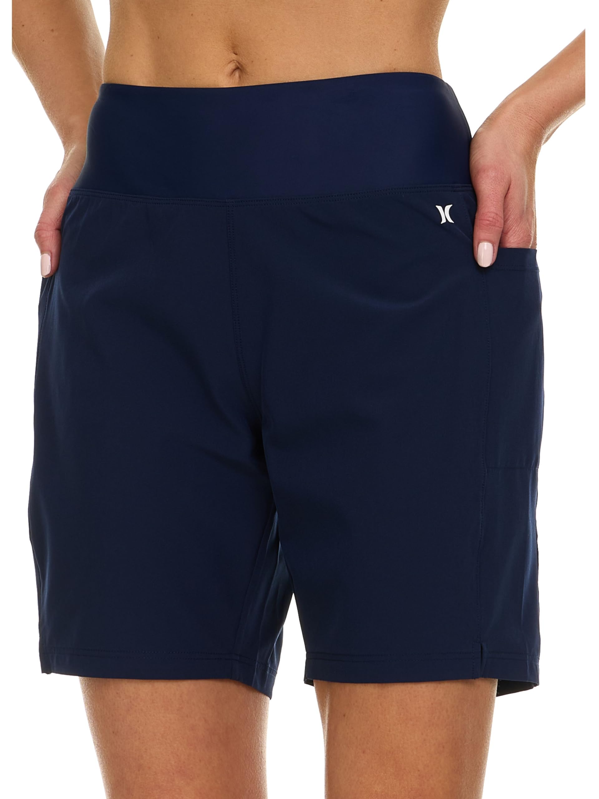 Hurley High Waisted Swim Shorts Women, 7" Board Shorts with Pockets & Inner Liner, Quick Dry Bathing Suit Swim Trunk, UPF 50+ Navy