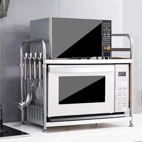 Amazon.com: Soporte para horno de microondas, de acero inoxidable, estante para  horno de microondas, estante de almacenamiento, mostrador de cocina y  estante de gabinete, organización plata blanca : Hogar y Cocina