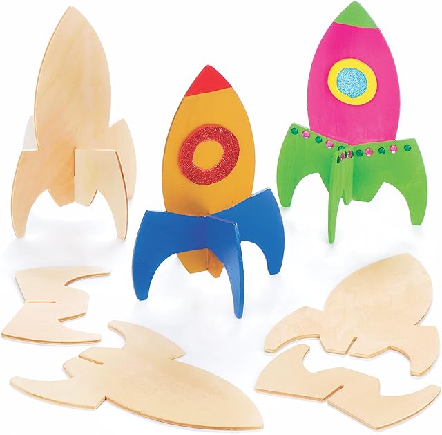 Baker Ross AV396 Wooden Rocket Stand up Kits (Pack of 6) For Kids to Decorate and Display