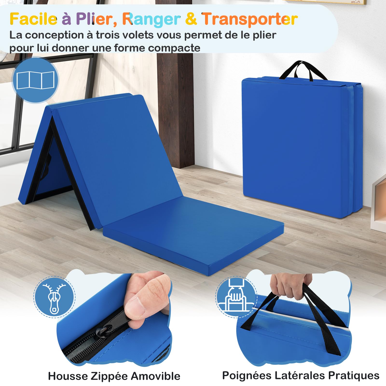 Tapis De Gymnastique Pliable GOPLUS – 180x60cm, épaisseur 5cm, 3 Plis, Poignées, Antidérapant
