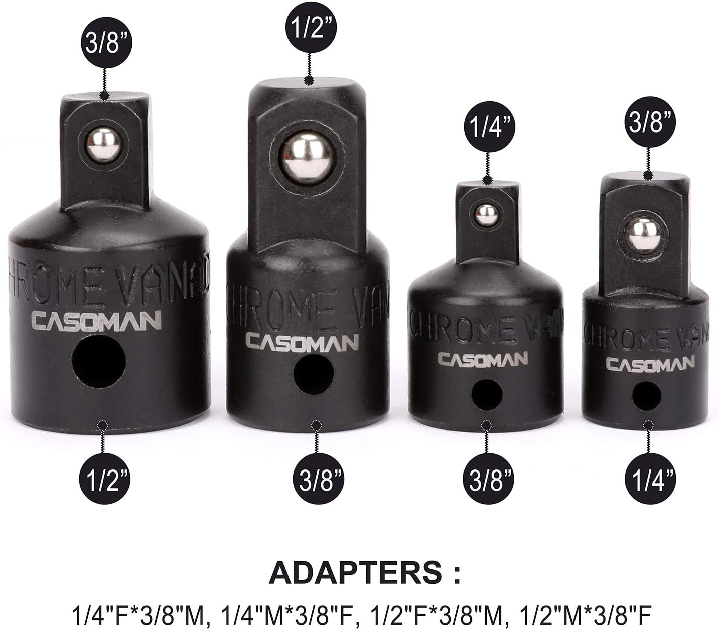 CASOMAN Complete 7 Pieces Universal Joint Socket and Adapter Set, 1/4-inch, 3/8-inch and 1/2-inch, Cr-V