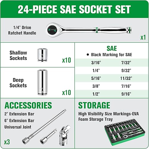 Miniatura 3 de SK Juego de llaves de vaso de 14 pulgadas con trinquete de 160-P, 24 piezas, SAE, acabado SuperKrome, construcción CR-V premium, con organizador de