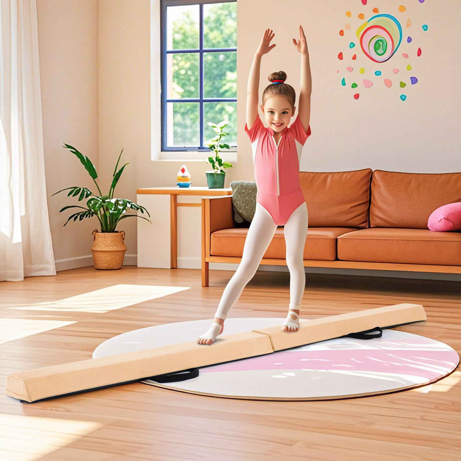GOPLUS Poutre Gymnastique Pliable 210CM en Suède, Poutre d'Équilibre 15 Épaisseur avec Fond Antidérapant, Attaches Auto-Agrippantes, Poignée de Transport