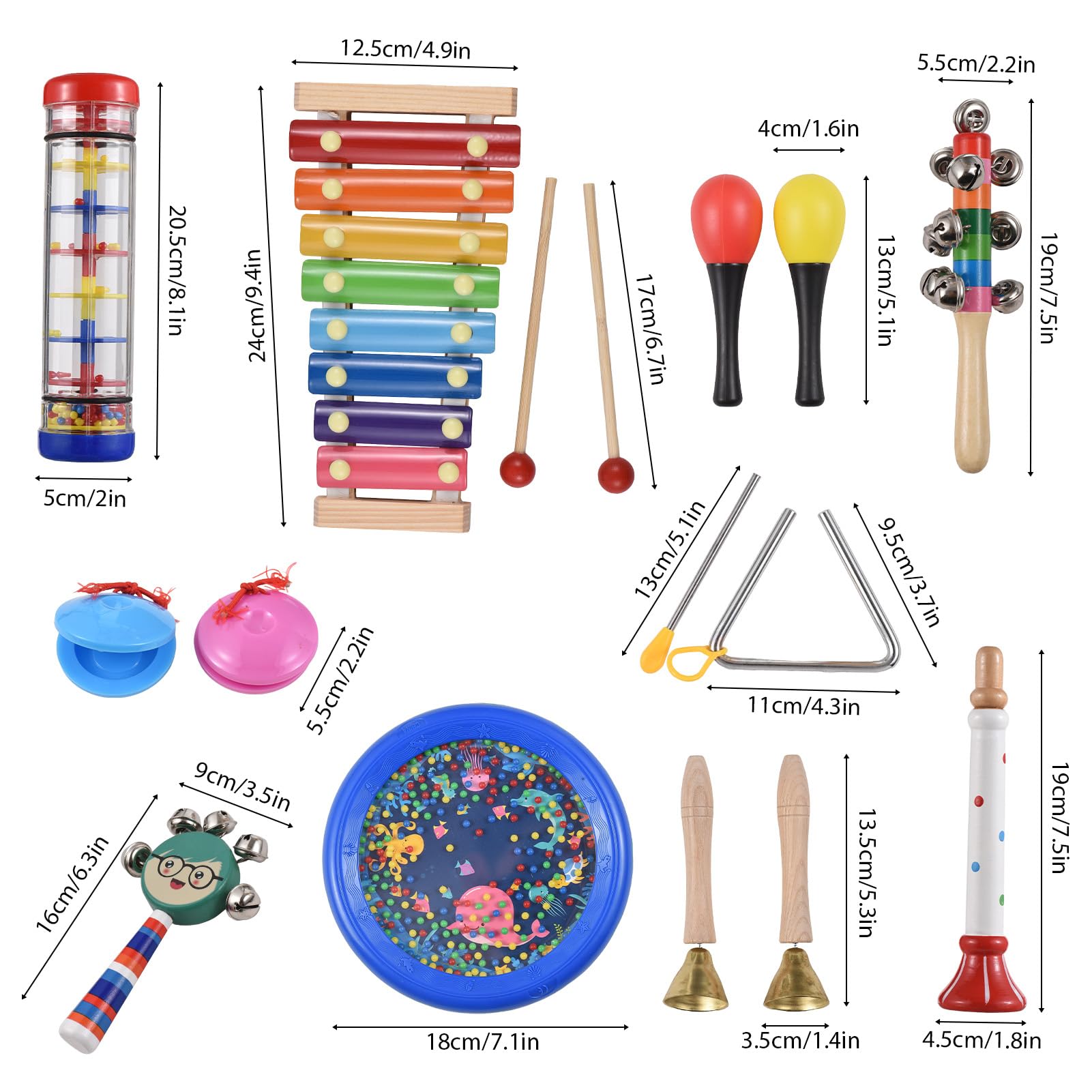 Lot de 14 instruments de percussion en bois interactifs musicaux interactifs œil-main développement anniversaire océan tambour 8 tons Xylophone Pluie Sound Tube de rangement