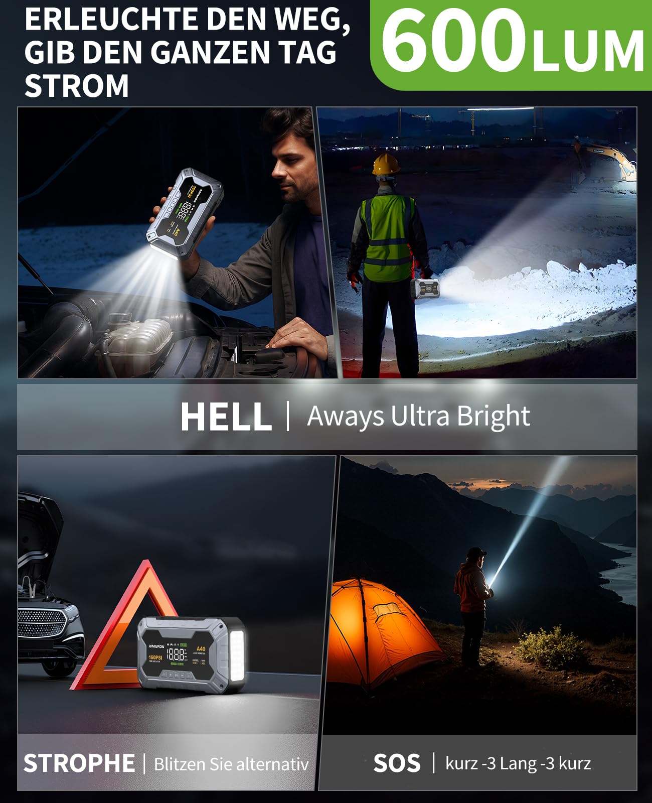 AIMAPOW Starthilfe Powerbank für Pkw mit Kompressor 8000A 160PSI Auto Starthilfe Powerbank für All Benzin und 12.0L Dieselmotor,Starter Powerbank Eingang/Ausgang und 600LUM LED-Licht