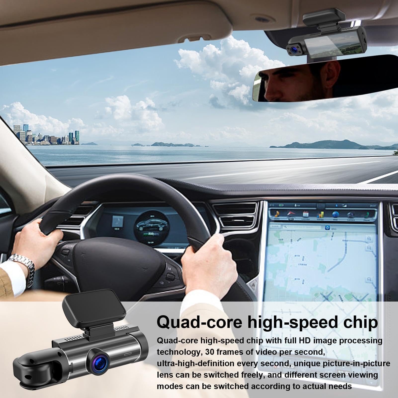 Macchina fotografica per auto con registratore di guida – Fotocamera da tavolo | Bordo interno posteriore con rilevamento del movimento | Telecamera integrata Full HD 1080P, Vision, sensore G, registrazione