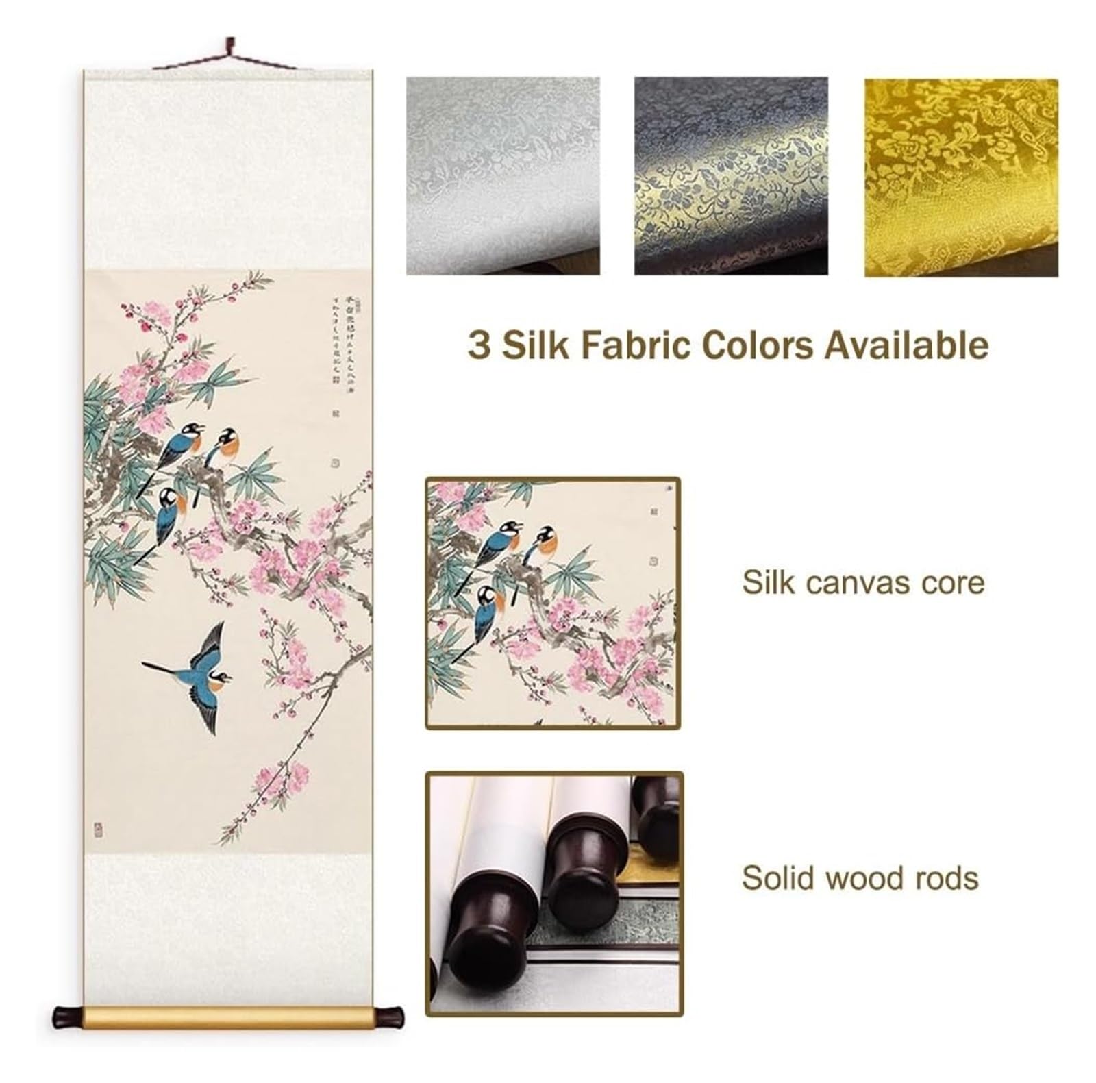 Chińskie malarstwo z motywem kwiatów i ptaków, elegancka orientalna dekoracja ścienna z jedwabiu na tło korytarza, gotowa do powieszenia na prezent(Creamy White C,50L x 158W cm)