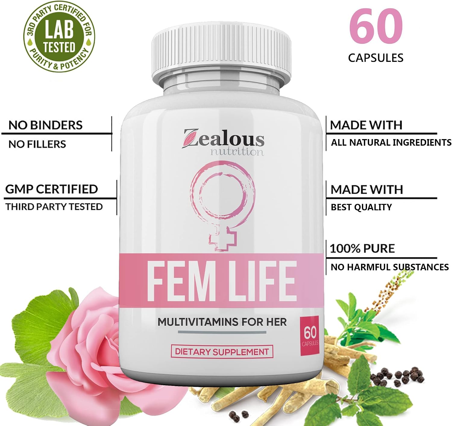 Zealous Nutrition Multivitamin – Natural Herbs – Vitamin A, Zinc, Dong Quai, L - Arginine, Ginseng, Ginger, & More - Nourish Hair, Skin, Nails - for All Ages - 60 Count