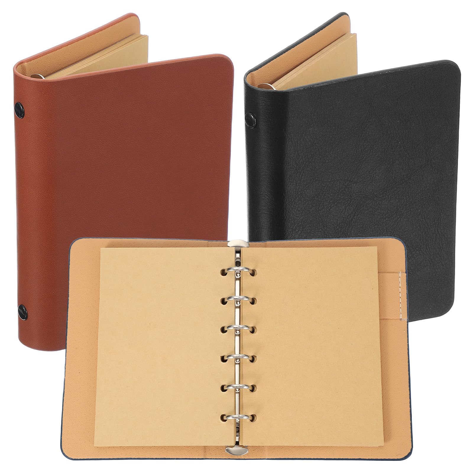 PATIKIL 6 Ring Binder Cover, 2 Pack A7 Kraft Leather Notebook Binder Mini Refillable Loose Leaf Personal Planner with 50 Sheets Paper, Black/Brown โ image 1