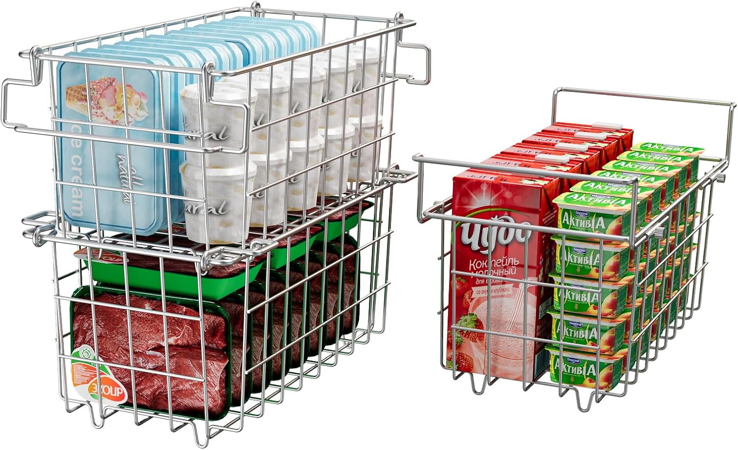 Freezer Organizer Bins - Fit 10 to 20 Cu.FT Deep Freezer, Stackable Chest Freezer Organizer Sort Frozen Food and Easily Get with Handle, 2 Pack + 1 Pack Chest Freezer Bins