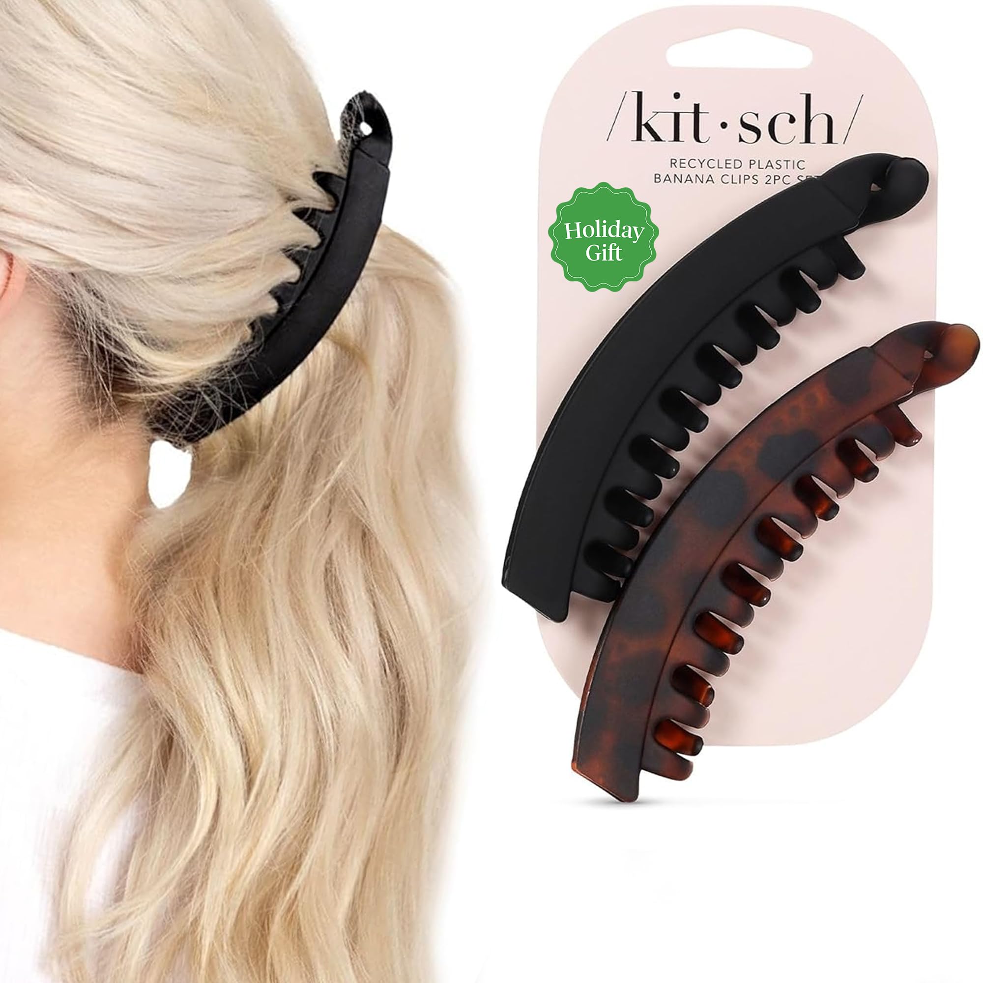 Kitsch Banana Clip - Secure & Sturdy Large Banana Clips for Women | No Crease, Durable Hair Accessories for Women | Great for Stylish Ponytails & Updo - Black & Tortoise, 2 Pcs