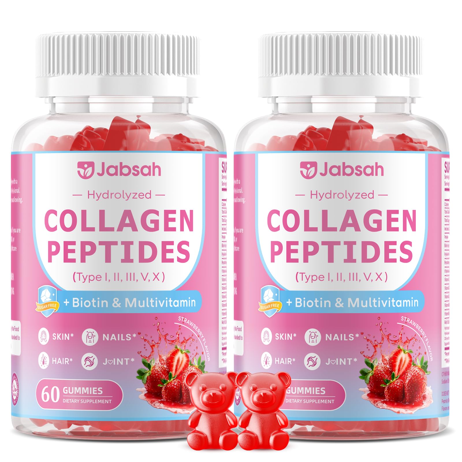 Collagen Gummies for Women & Men, Hydrolyzed Collagen Peptides(Type I, II, III, V, X) with Biotin, Hyaluronic Acid, MultiVitamins, Supports Healthy Skin, Thick Hair &Strong Nails, Sugar Free, 120Cts 60 Count (Pack of 2)