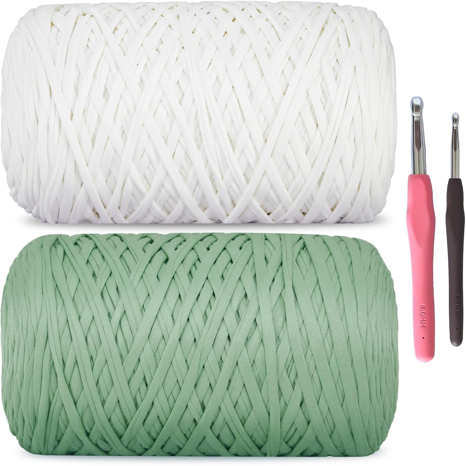 MESTOON 2 Pack Soft T-Shirt Yarn (Total 2000g/590yds), Suitable for Beginners' Crafts and DIY Knitting, Crocheting/Bags, Baskets, Coasters, Polyester Fabric Yarn. (Cream+Sage Green)