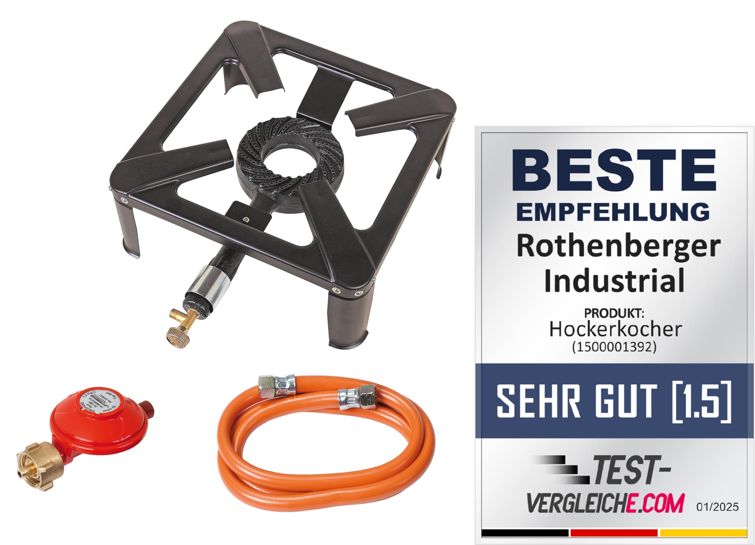 ROTHENBERGER Industrial Hockerkocher inkl. 1,5 m Propan-Gas-Schlauch & Propan-Konstantregler für Camping, Outdoor, nur für die Verwendung im Freien, für den Anschluss an Propangasflasche 1500001392