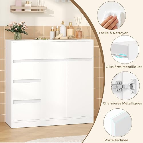 YUNSCEND Mobile da Bagno Bianco con 2 Ante e 4 Cassetti Ripiani Regolabili - 9