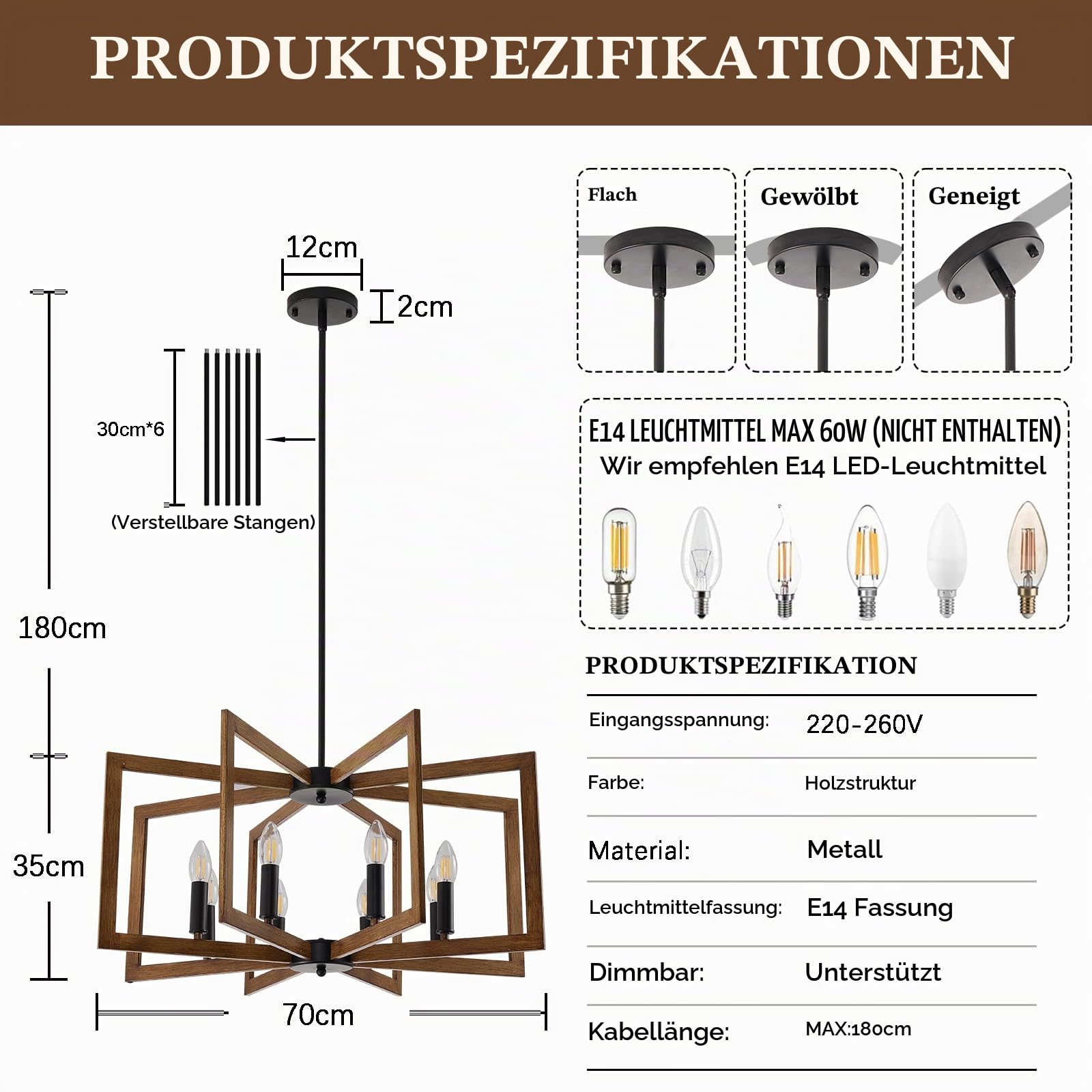 Vintage Deckenleuchte Schlafzimmer,E14 Geometrische Bauernhaus Pendelleuchte 8 Licht Industrielle Metall Deckenleuchten Wohnzimmer FüR KüCheninsel Flur Esszimmer Eingang (Schwarz, Holz)