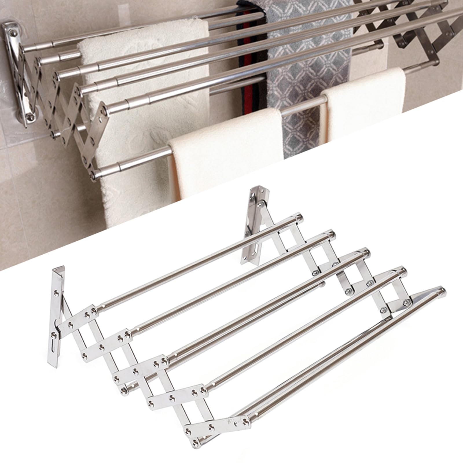 Stendibiancheria da parete in acciaio inox, pieghevole, stendibiancheria da parete con 5 aste, portasciugamani in metallo per bagno, larghezza 42-80 cm