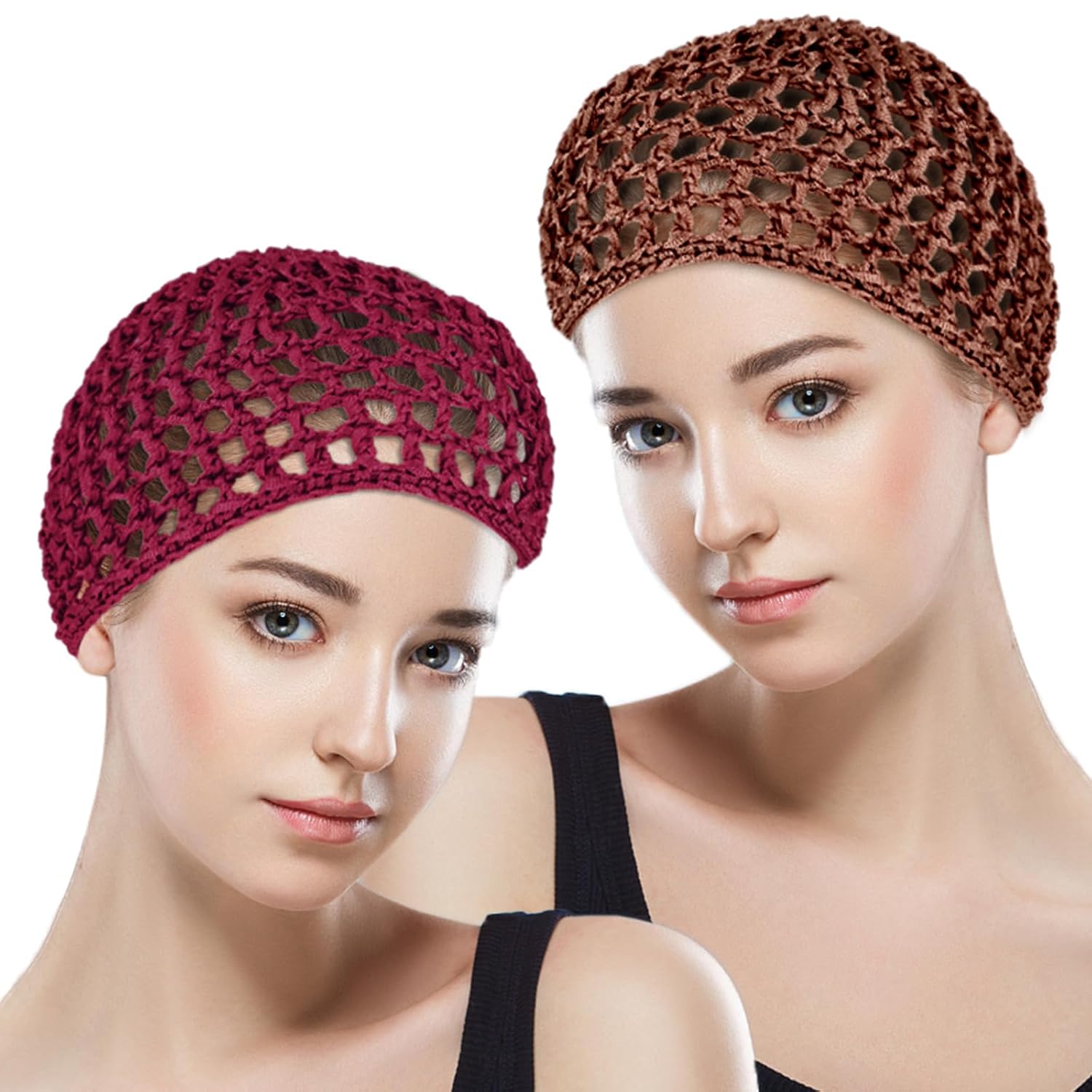 COMNICO 2Pcs Crochet Hair Net Mesh Cover Curls Hair Wrap Towels Sleeping Soft Nylon Bun Lifting Strap Thick Short Knit Snoods Hat Women Long Short Straight Curl Wig (Wine red + Brown)