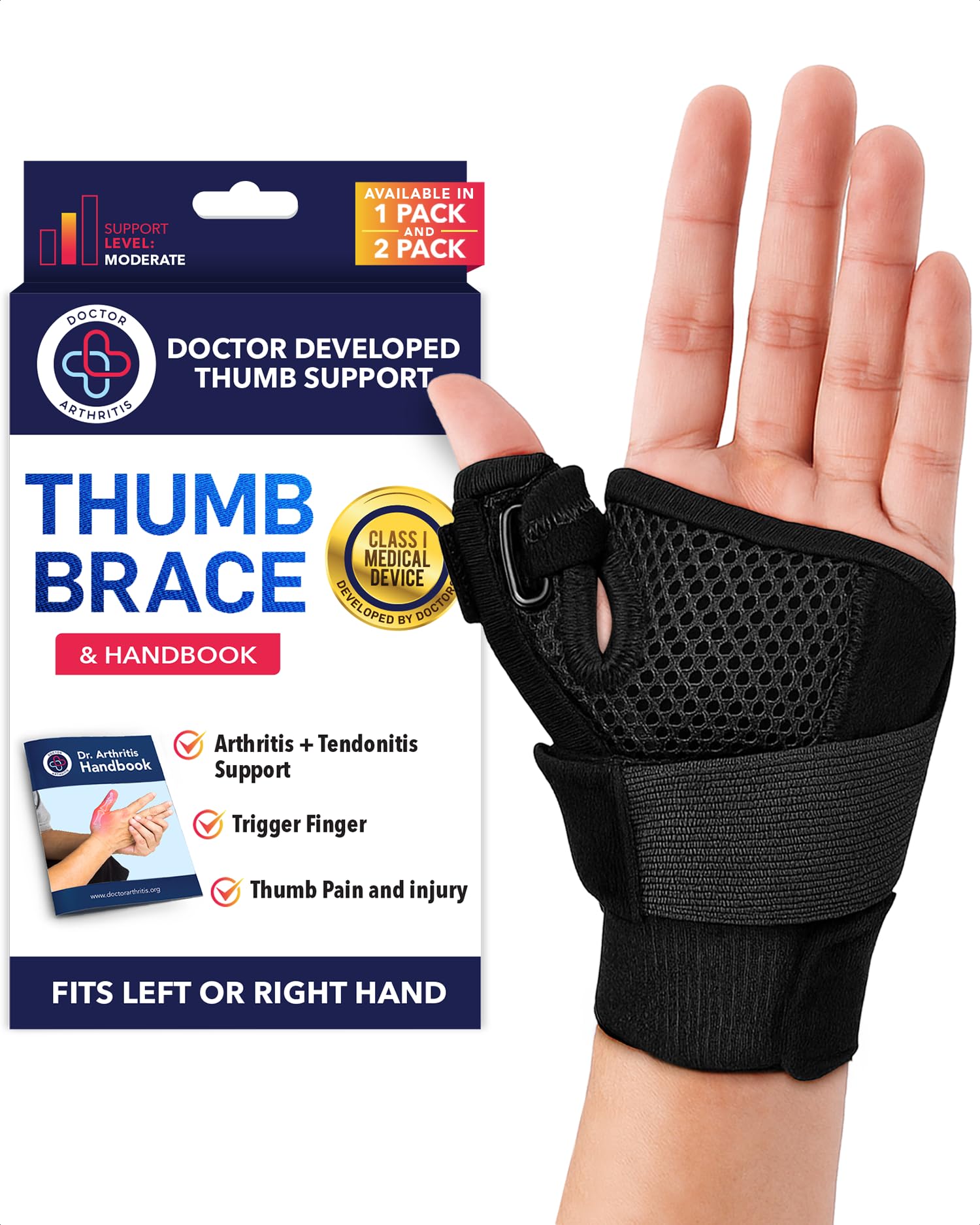 Dr. Arthritis Doctor Developed Thumb Brace- Thumb Splint for Right Hand/Left (Black, Single)